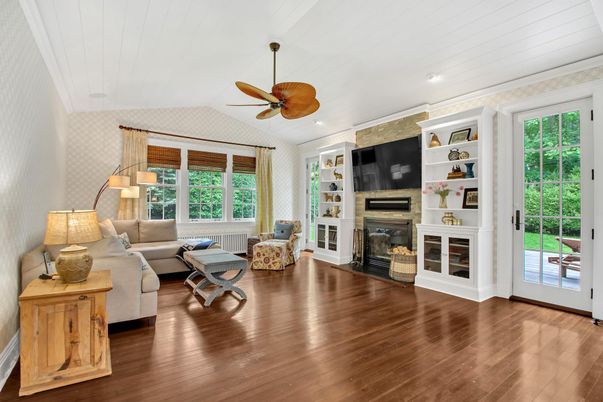 Fireplace, Interior, Living room, Recessed Lighting, Wood Texture Flooring