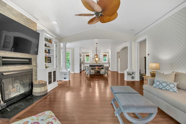 Dining room, Fireplace, Interior, Living room, Pendant Lights, Recessed Lighting, Wood Texture Flooring