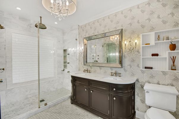 Bathroom, Chandelier, Glass Shower, Interior, Marble Walls, Recessed Lighting