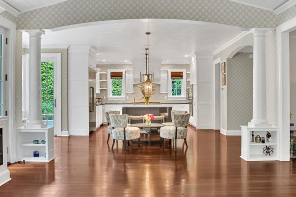 Dining room, Interior, Kitchen, Pendant Lights, Recessed Lighting, Wood Texture Flooring