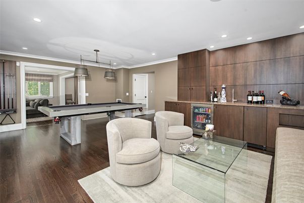 Billiard Table, Game Room, Interior, Living room, Pendant Lights, Recessed Lighting, Wood Texture Flooring
