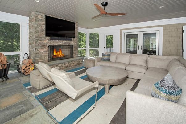 Fireplace, Interior, Living room, Recessed Lighting, Stone Walls