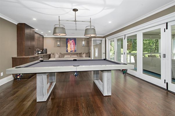 Billiard Table, Game Room, Interior, Pendant Lights, Recessed Lighting, Wood Texture Flooring