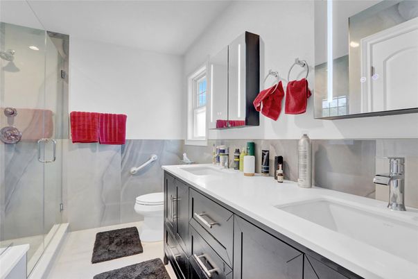 Bathroom, Dual Sink Vanities, Glass Shower, Interior, Recessed Lighting