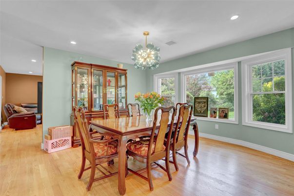 Dining room, Interior, Pendant Lights, Recessed Lighting, Wood Texture Flooring