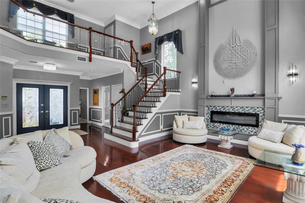 Fireplace, Interior, Living room, Pendant Lights, Wood Texture Flooring