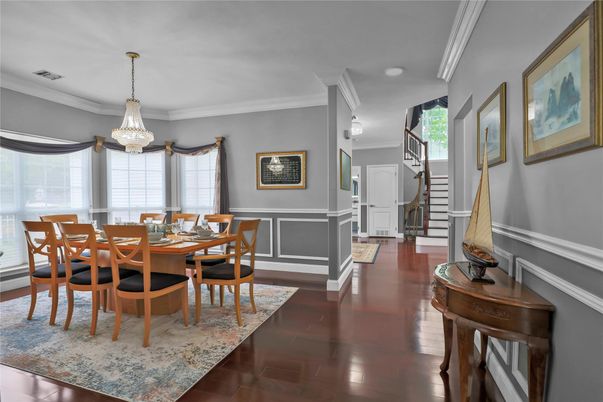 Chandelier, Dining room, Interior, Wood Texture Flooring