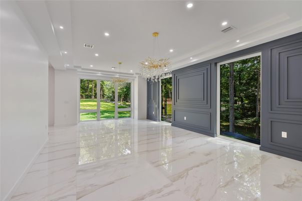 Chandelier, Empty room, Interior, Marble, Recessed Lighting