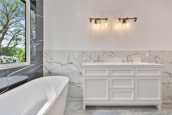 Bathroom, Dual Sink Vanities, Free Standing Baths, Interior, Marble, Marble Walls