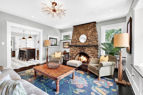 Fireplace, Interior, Living room, Pendant Lights, Recessed Lighting, Stone Walls
