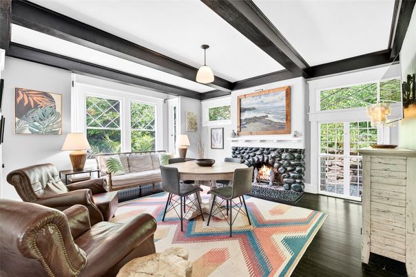 Dining room, Fireplace, Interior, Living room, Pendant Lights, Wood Texture Flooring