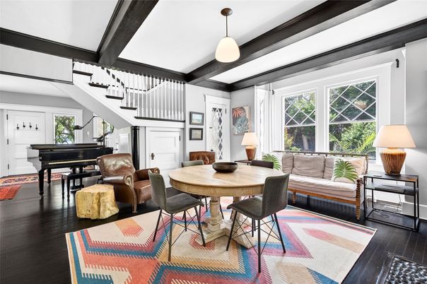 Dining room, Interior, Living room, Pendant Lights, Piano, Wood Texture Flooring