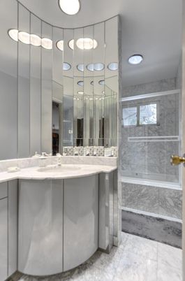 Bathroom, Glass Shower, Interior, Marble, Marble Walls, Recessed Lighting