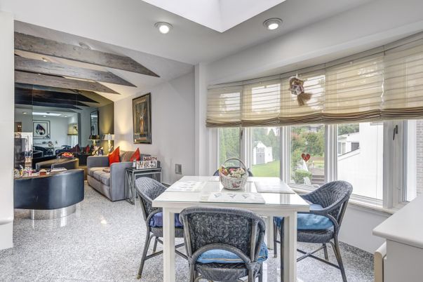 Dining room, Interior, Living room, Recessed Lighting, Wooden Beams
