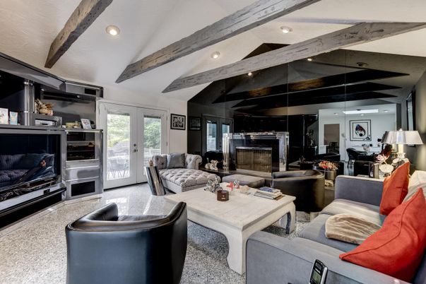 Fireplace, Interior, Living room, Recessed Lighting, Wooden Beams
