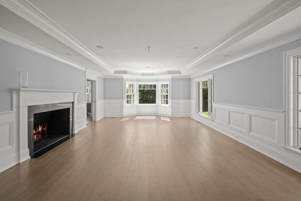 Empty room, Fireplace, Interior, Recessed Lighting, Wood Texture Flooring