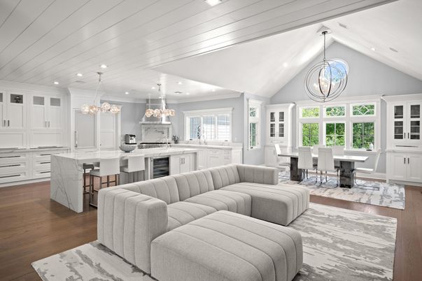 Chandelier, Dining room, Interior, Kitchen, Living room, Pendant Lights, Recessed Lighting, Wood Texture Flooring