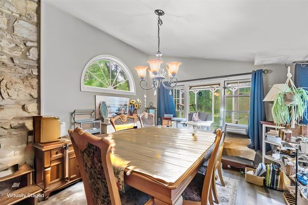 Chandelier, Dining room, Interior, Stone Walls, Wood Texture Flooring