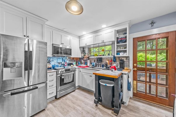 Interior, Kitchen, Recessed Lighting, Stainless Steel Appliances, Wood Texture Flooring