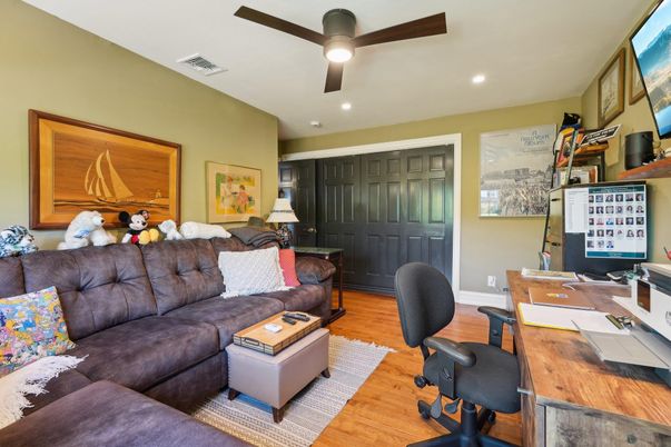 Home Office, Interior, Living room, Recessed Lighting, Wood Texture Flooring