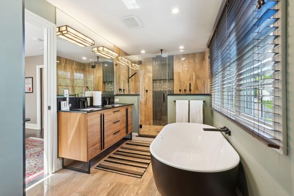 Bathroom, Free Standing Baths, Glass Shower, Interior, Recessed Lighting, Wood Texture Flooring