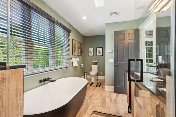 Bathroom, Free Standing Baths, Interior, Recessed Lighting, Wood Texture Flooring