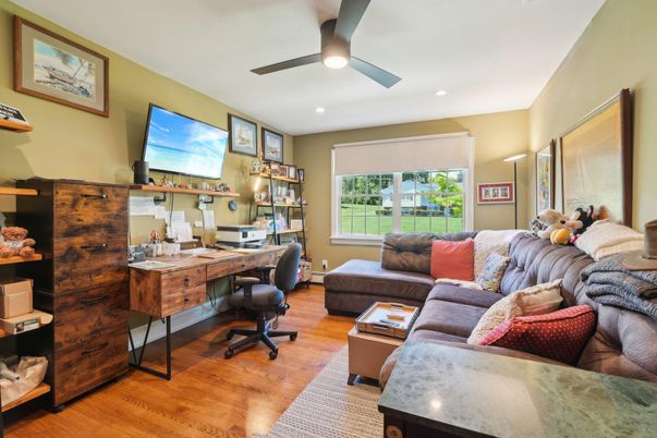 Home Office, Interior, Living room, Recessed Lighting, Wood Texture Flooring