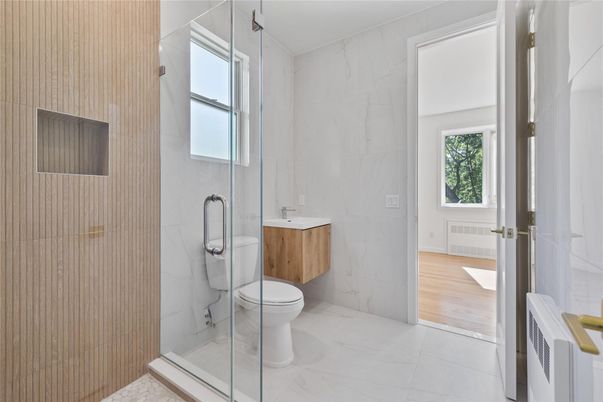 Bathroom, Glass Shower, Interior, Marble, Marble Walls, Wood Texture Flooring