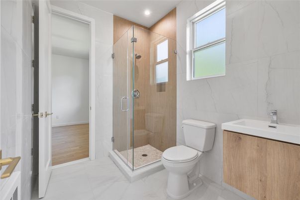 Bathroom, Glass Shower, Interior, Marble, Marble Walls, Recessed Lighting