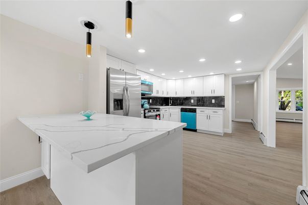 Interior, Kitchen, Recessed Lighting, Stainless Steel Appliances, Wood Texture Flooring