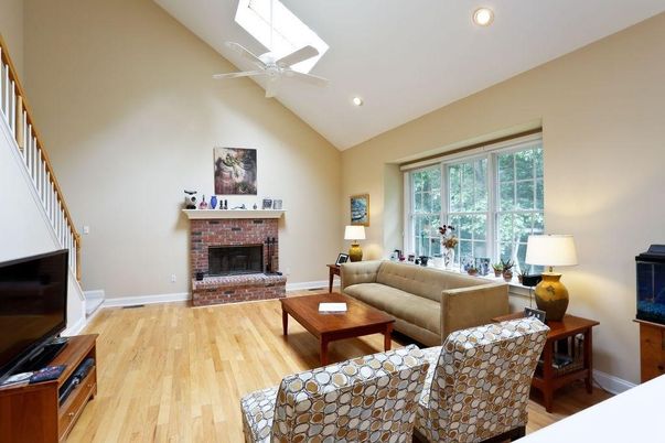 Fireplace, Interior, Living room, Recessed Lighting, Wood Texture Flooring