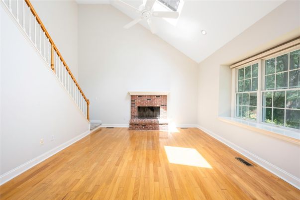 Empty room, Fireplace, Interior, Recessed Lighting, Wood Texture Flooring
