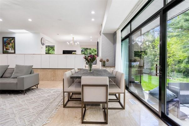 Dining room, Interior, Pendant Lights, Recessed Lighting, Wood Texture Flooring