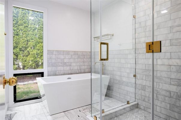 Bathroom, Free Standing Baths, Glass Shower, Interior, Marble, Recessed Lighting