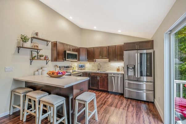 Interior, Kitchen, Recessed Lighting, Stainless Steel Appliances, Wood Texture Flooring