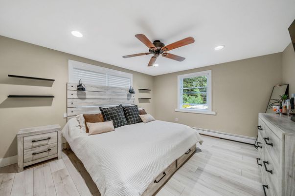 Bedroom, Interior, Recessed Lighting, Wood Texture Flooring