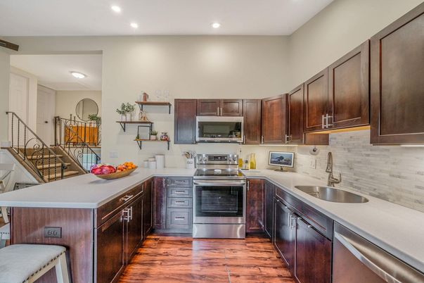 Interior, Kitchen, Recessed Lighting, Stainless Steel Appliances, Wood Texture Flooring