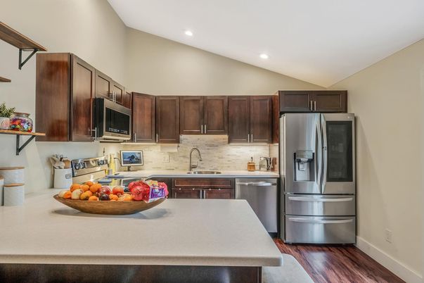Interior, Kitchen, Recessed Lighting, Stainless Steel Appliances, Wood Texture Flooring