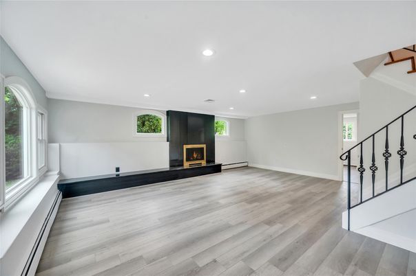 Empty room, Fireplace, Interior, Recessed Lighting, Wood Texture Flooring