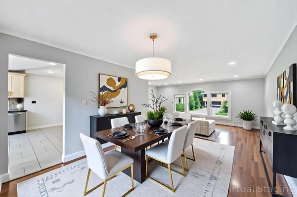 Dining room, Interior, Kitchen, Living room, Pendant Lights, Recessed Lighting, Wood Texture Flooring