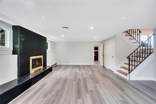Empty room, Fireplace, Interior, Recessed Lighting, Wood Texture Flooring