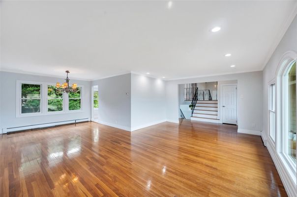 Chandelier, Empty room, Interior, Recessed Lighting, Wood Texture Flooring