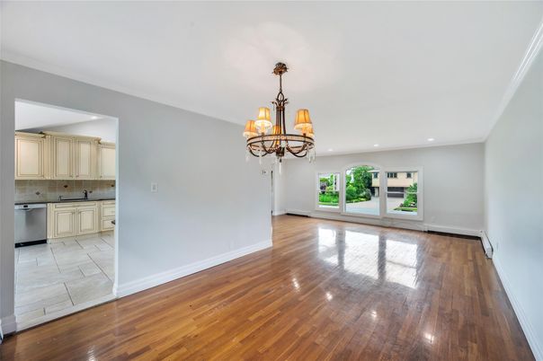 Chandelier, Empty room, Interior, Kitchen, Recessed Lighting, Wood Texture Flooring