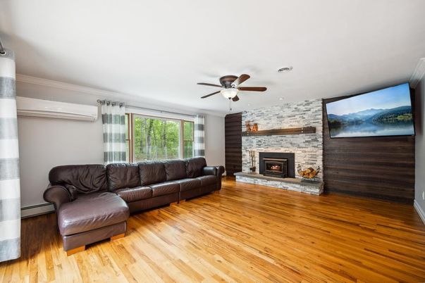 Fireplace, Interior, Living room, Stone Walls, Wood Texture Flooring