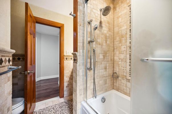 Bathroom, Glass Shower, Interior, Wood Texture Flooring