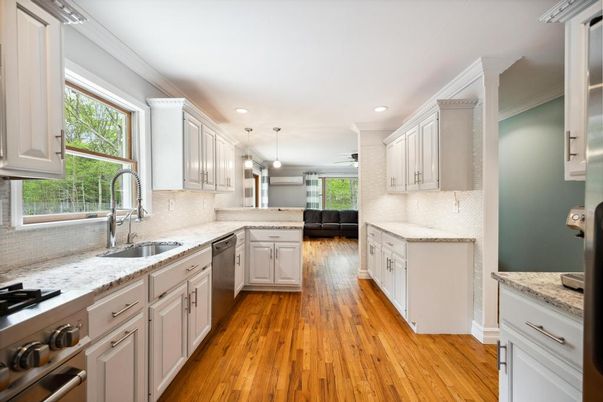 Interior, Kitchen, Pendant Lights, Recessed Lighting, Stainless Steel Appliances, Wood Texture Flooring