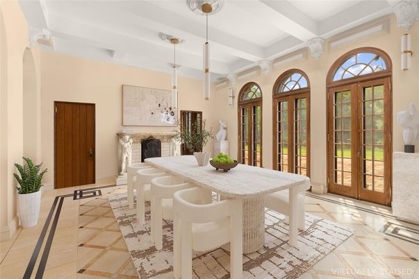 Dining room, Fireplace, Interior, Pendant Lights