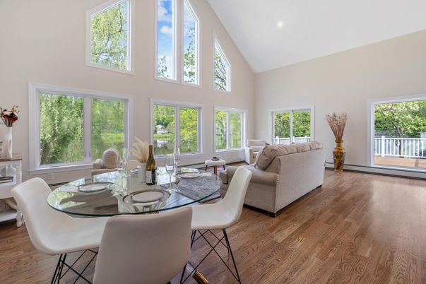 Dining room, Interior, Living room, Recessed Lighting, Wood Texture Flooring