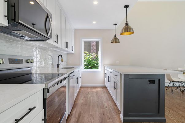 Interior, Kitchen, Pendant Lights, Recessed Lighting, Stainless Steel Appliances, Wood Texture Flooring