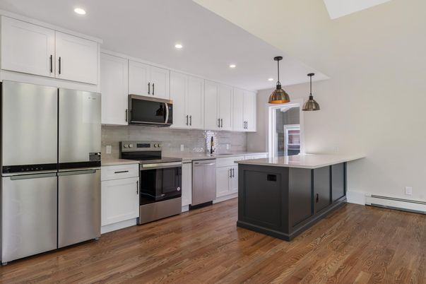 Interior, Kitchen, Pendant Lights, Recessed Lighting, Stainless Steel Appliances, Wood Texture Flooring